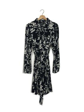 Well Worn Womens Floral Dress Belted Midi Large B&W Classic Business Casual Fall